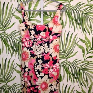 J.Crew Floral Sleeveless Dress Sz 8 Pink Navy Beige Tie Waist Structured Midi